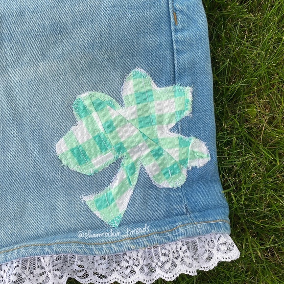 Notre Dame patchwork lace gingham denim jean mini skirt - Picture 5 of 10